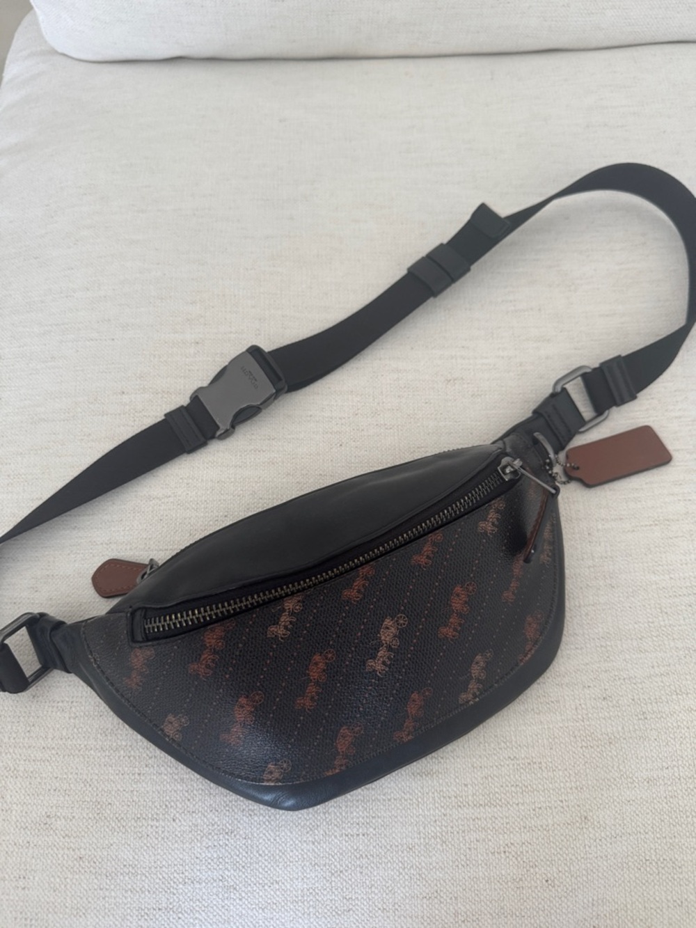 Coach Black Leather & Brown Logo Print Belt Bag